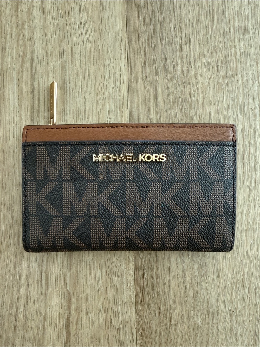 Michael Kors Brown and Tan MK Logo Zip Card Holder